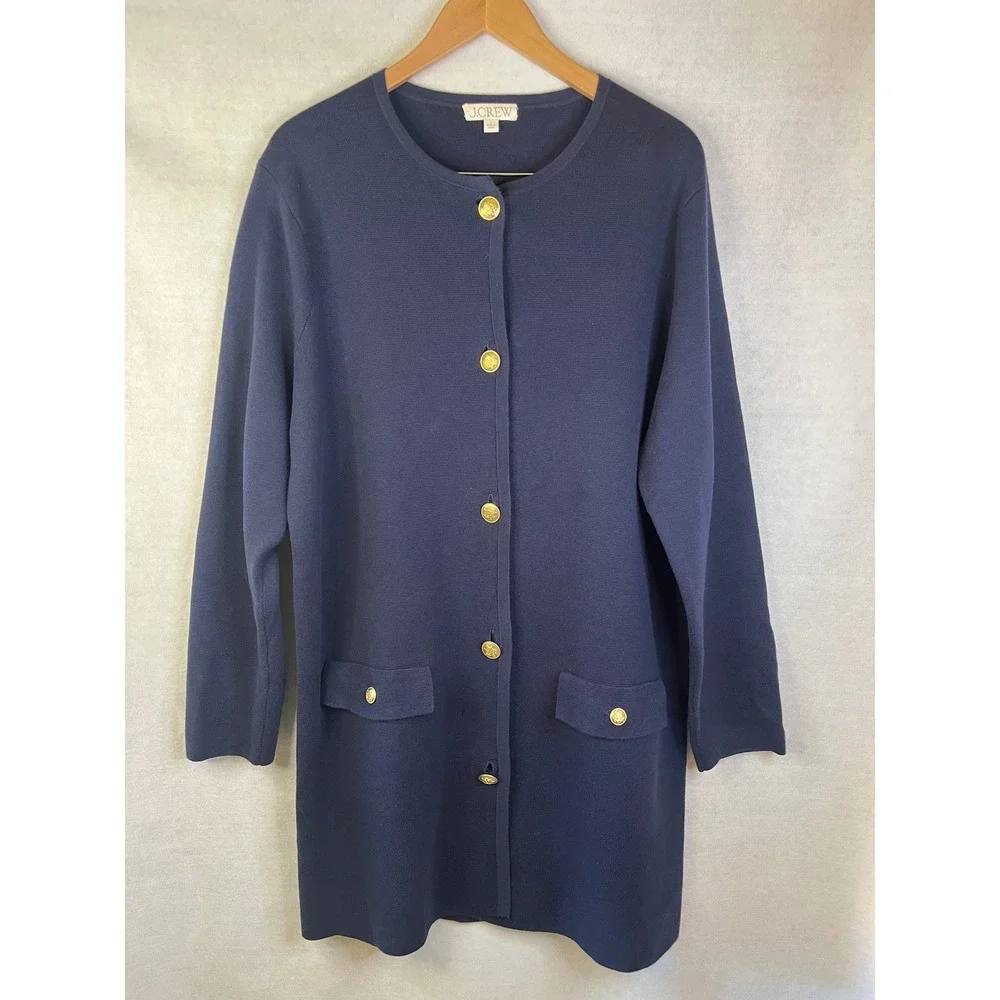 J CREW Long Giselle Sweater Blazer Cotton Navy Blue Gold Buttons Sz L NWOT